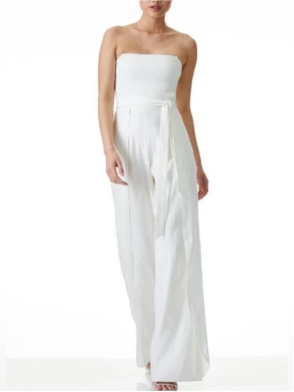 Alice + Olivia Bebe Smocked Strapless Wide Leg Jumpsuit, Off White